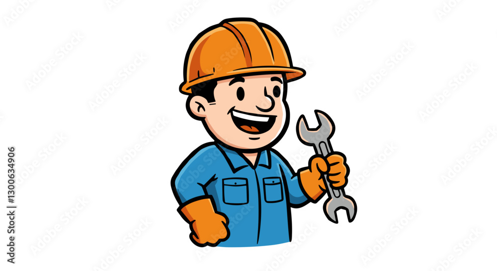 Cartoon mechanic with wrench and hard hat illustration. Cartoon mechanic with wrench and hard hat illustration.