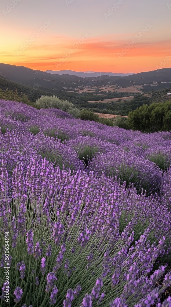 Naklejka premium Sunset Lavender Field Peaceful Purple Landscape Scenic Hillside View Sky Calm Aroma Plant Image