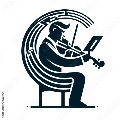 Black and white violinist icon with music notes.