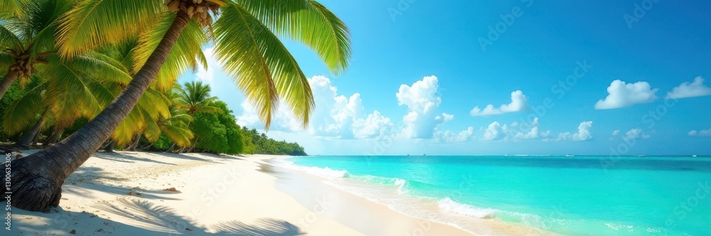 Obraz premium Sun-drenched beach, swaying palm trees, turquoise water, tropical, ocean beach, sea