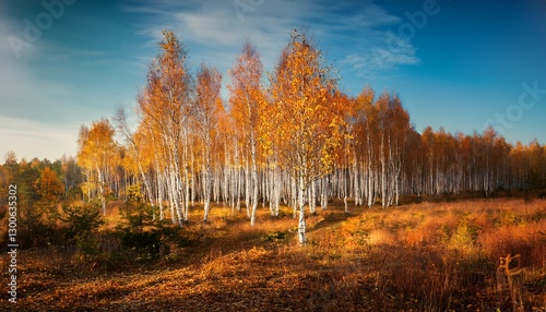 Birch tree coppice in autumn, white birch trees in autumn