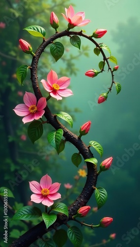 A curved branch entwined with vines and flowers, plants, blooming, vines
