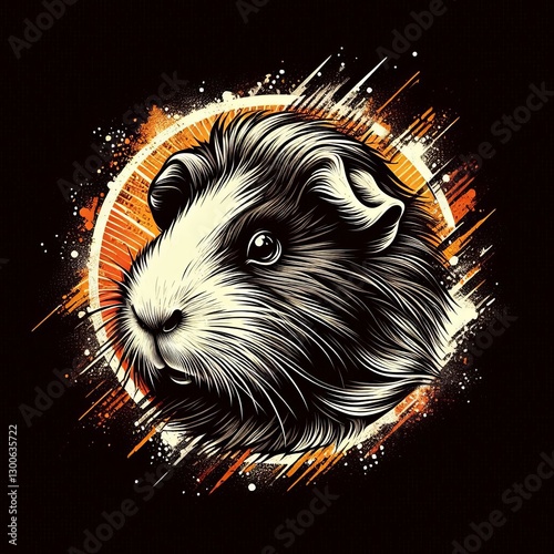 Stylized guinea pig head artwork with grunge textures and a circular emblem