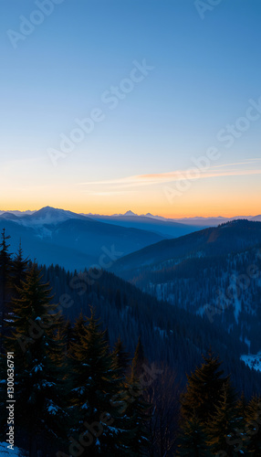 Beautiful view of the blue winter mountains and hills in Carpathians on the sunrise, masterpiece. with white shades