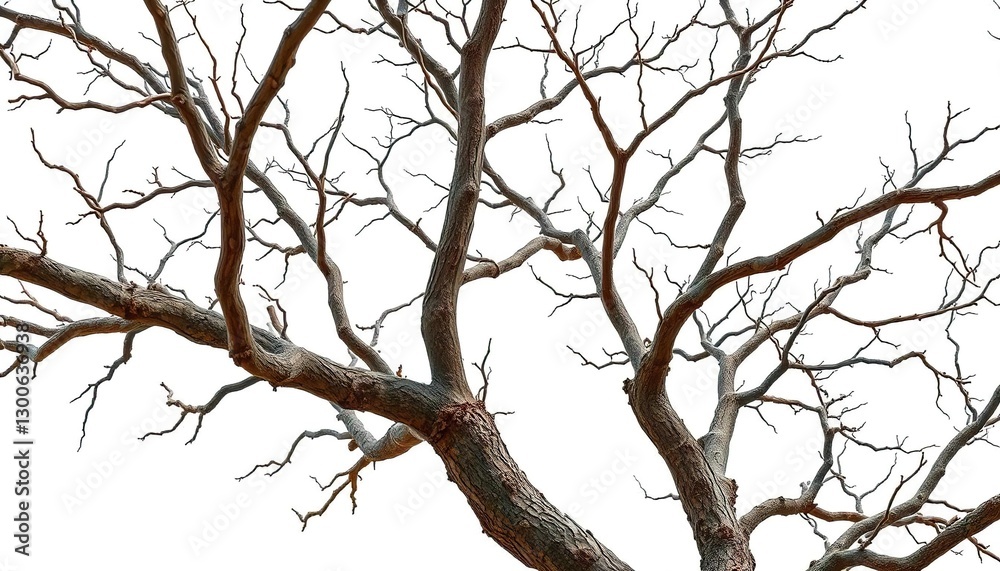 Fototapeta premium Isolated tree branches against pure white backdrop, showcasing intricate textures and natural forms, abstract, monochrome