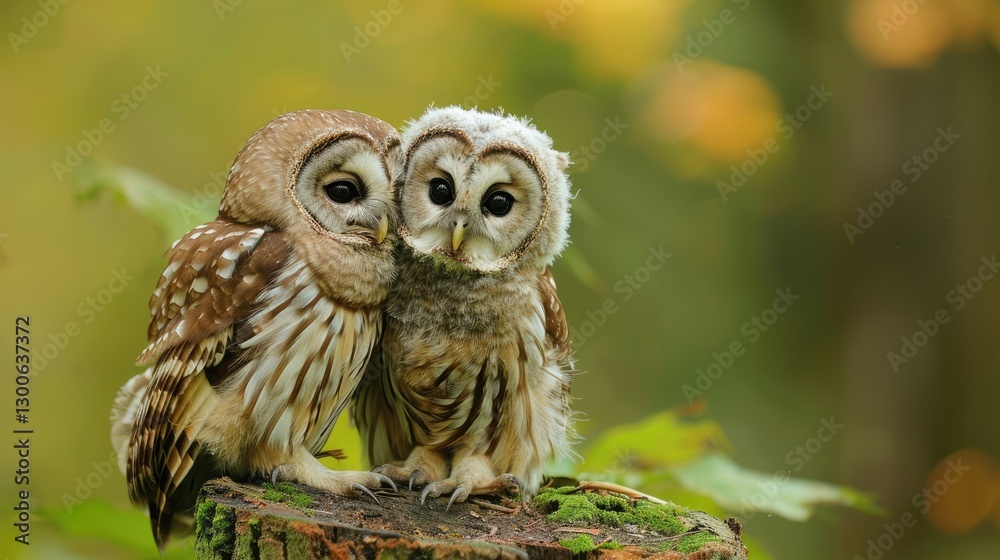 Obraz premium Two adorable owls perched closely together on a tree stump in a lush forest, surrounded by autumn foliage