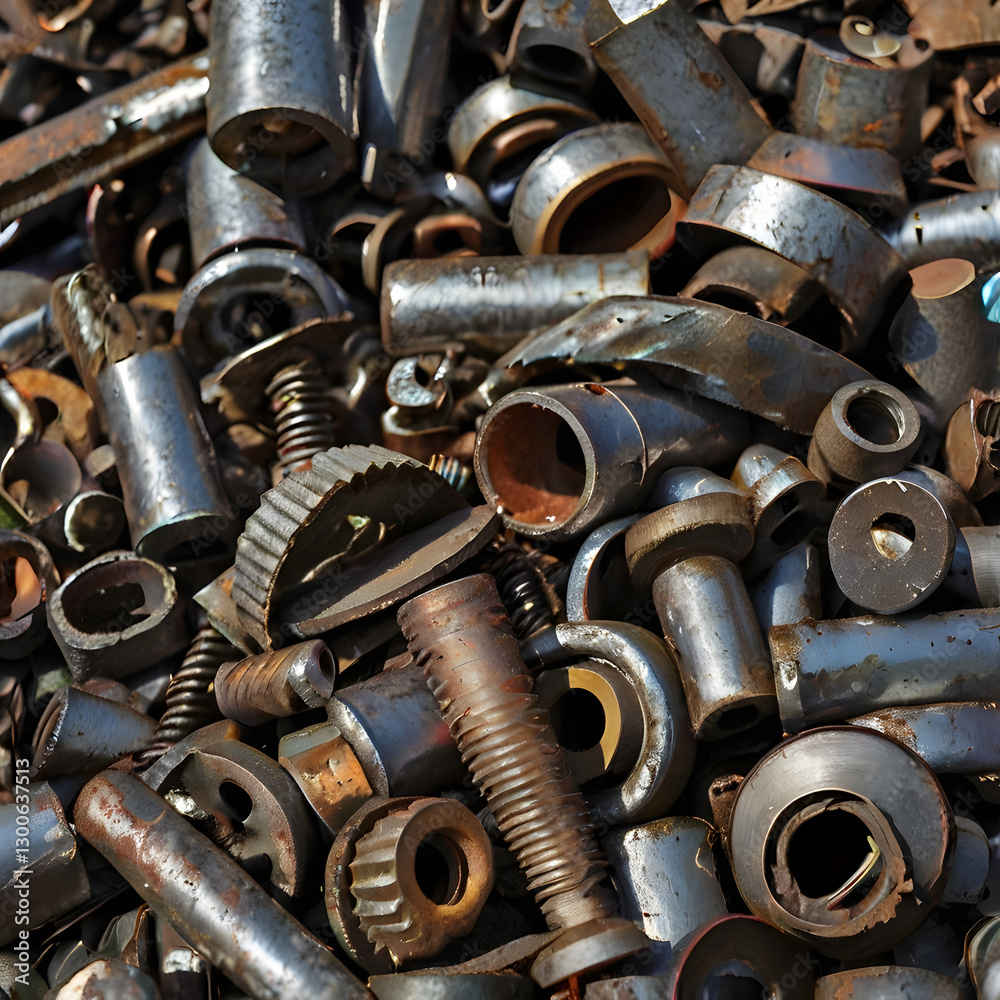 Industrial Scrapyard: A chaotic assortment of metal scraps, bolts, gears, and industrial components, showcasing the raw texture and materials of discarded machinery. Industrial Scrapyard: A chaotic assortment of metal scraps, bolts, gears, and industrial components, showcasing the raw texture and materials of discarded machinery.