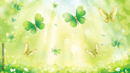 A close-up view of a Saint Patrick's Day clover wreath, vibrant green with golden accents, against a misty forest background featuring soft bokeh and sunlight streaming through the leaves, highlightin