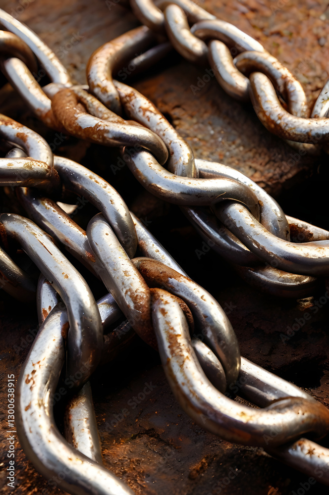 Fototapeta premium Rust and Resilience: A close-up showcases heavy-duty chains, a testament to strength and durability, with visible rust adding a touch of age and character.