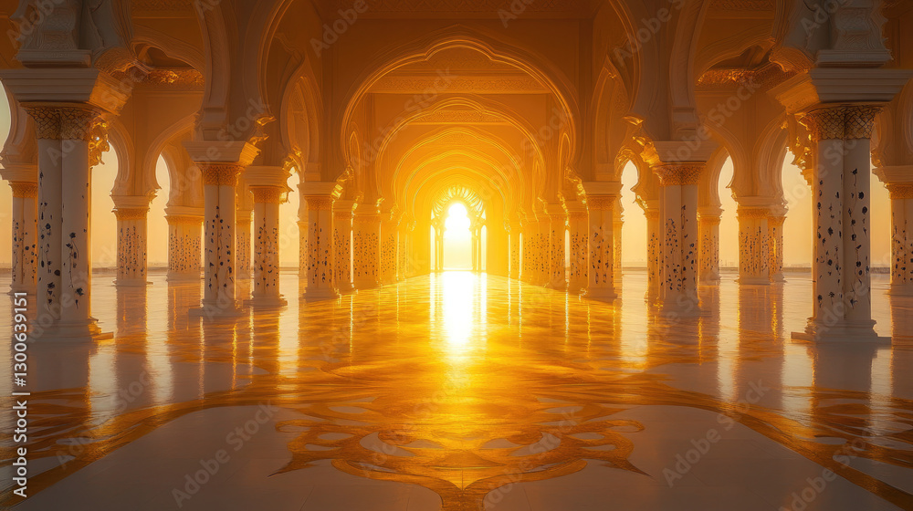 Obraz premium Serene Evening Scene of Sharjah New Mosque at Sunset, Featuring Intricate Carvings and Grand Architecture, with Golden Hour Light Adding a Majestic Touch for Travel Documentary Cover