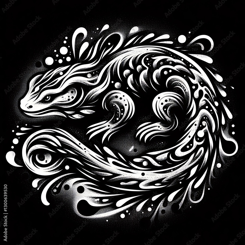 Stylized Reptile Illustration with Intricate White Patterns on Dark Background Stylized Reptile Illustration with Intricate White Patterns on Dark Background
