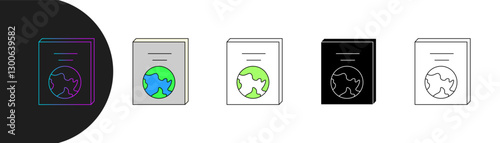 book icon with globe symbol on the cover, symbolizing global knowledge, environmental education, sustainability, and awareness of planetary issues. includes style, gradient, colored, outline. editable