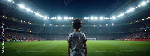 Young caucasian boy stands on soccer field at night under stadium lights