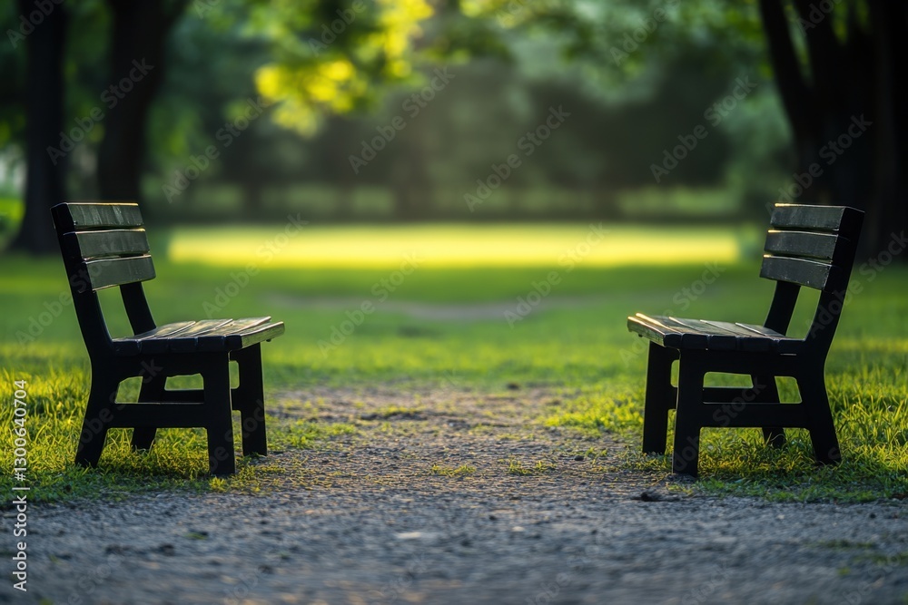 Two empty benches facing each other in park with golden hour light and copy space center Two empty benches facing each other in park with golden hour light and copy space center