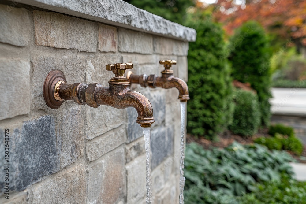 Two water spouts of aged bronze with flowing clean water. Two water spouts of aged bronze with flowing clean water.