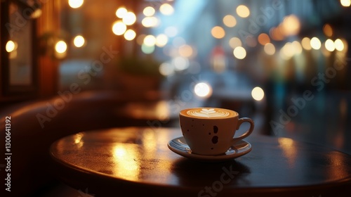 Warm latte on a cozy cafe table at night.