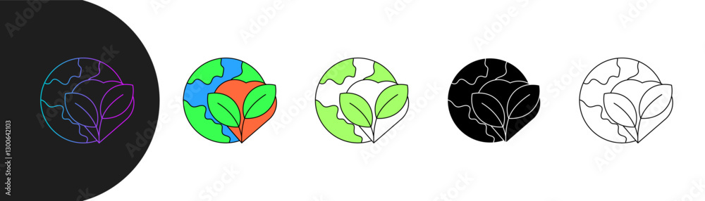 eco friendly icons featuring Earth with two leaves in various styles, gradient, colored, minimalist, solid and outline. relevant to environment, sustainability and nature. Editable strokes eco friendly icons featuring Earth with two leaves in various styles, gradient, colored, minimalist, solid and outline. relevant to environment, sustainability and nature. Editable strokes