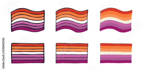 Set of colorful Lesbian pride flag Happy pride day LGBTQIA community Pride Month Vector hand drawn doodle for posters, stickers, logo, cards