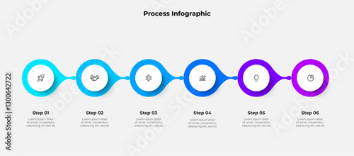 Infographic 6 steps process with circular graphics, suitable for business, marketing, or academic use in visualizing workflows, strategies, or concise step-by-step instructions