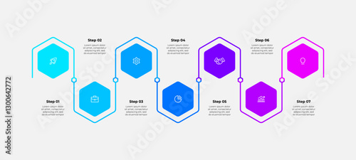 Timeline infographic showcasing seven steps with a hexagonal theme and gradient colors, perfect for business process representation