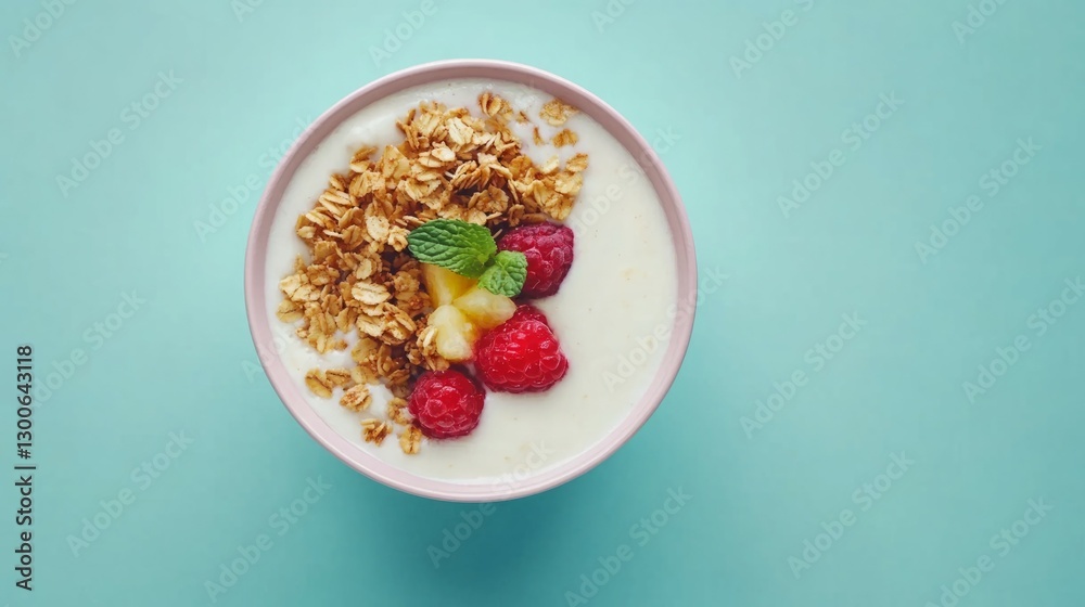 Creamy yogurt parfait with granola and raspberries. Healthy and delicious breakfast. Creamy yogurt parfait with granola and raspberries. Healthy and delicious breakfast.