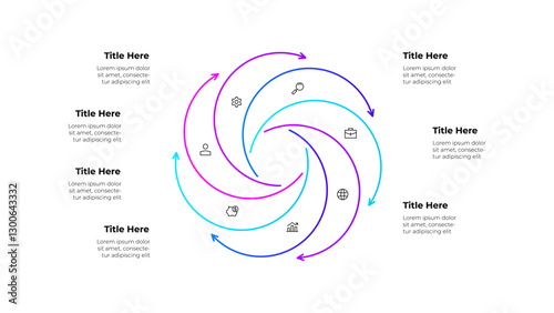 Line infographic diagram featuring a circular workflow with 7 arrows and icons. Business concepts showing growth, finance, and planning, symbolizing continuous improvement and strategic processes