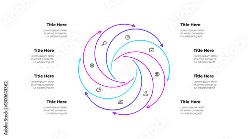 Line infographic diagram featuring a circular workflow with 8 arrows and icons. Business concepts showing growth, finance, and planning, symbolizing continuous improvement and strategic processes