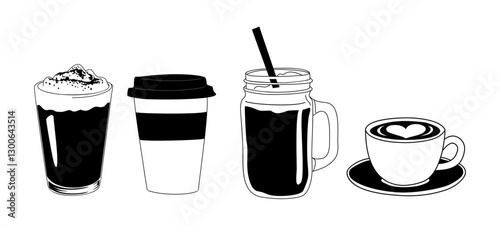 Set of different coffee cups and mugs. Americano, cappuccino, latte coffee black and white hand drawn vector illustrations isolated on transparent background