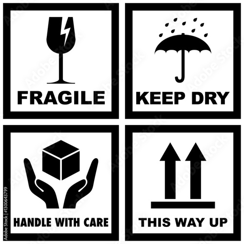 Packaging symbols set with text or words, Fragile, Keep Dry, Handle with Care, This Way Up. Essential icons for safe shipping and handling instructions. Black color line vector design.