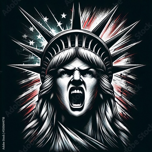 Liberty's defiant roar: Statue illustration with intense expression and energy
