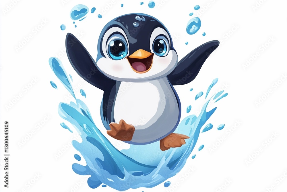 Obraz premium Cute cartoon penguin joyfully splashes in crystal clear water while playfully leaping into the air