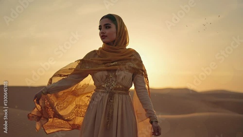 Majestic Arab Muslim Woman in a Flowing Hijab at Sunset, looping 4k time-lapse virtual video animation Generated AI.