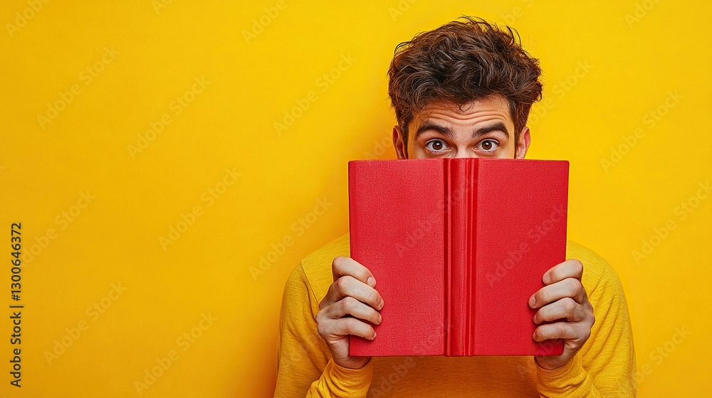 Man hiding half of his face behind a red book against a bright yellow background. Concept of mystery, knowledge, and curiosity. Man hiding half of his face behind a red book against a bright yellow background. Concept of mystery, knowledge, and curiosity.