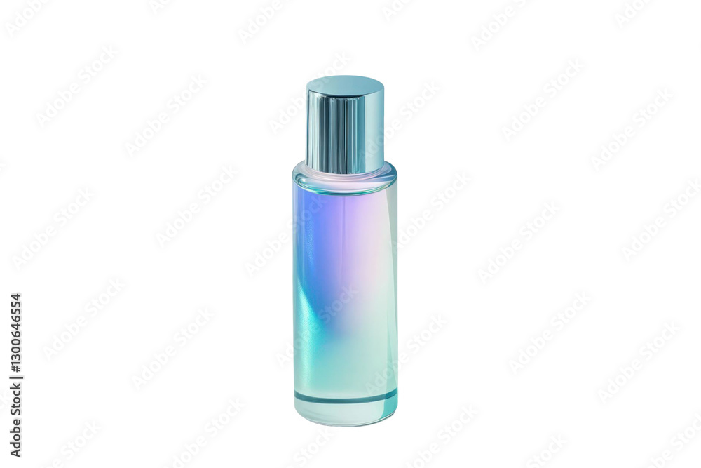 Bottle of perfume with iridescent liquid and silver cap on transparent background Bottle of perfume with iridescent liquid and silver cap on transparent background