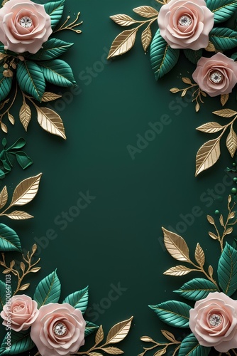Luxurious Emerald Green Wedding Invitation Design with Gold Leaves and Blush Pink Roses