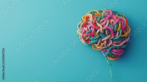 A human brain made of colorful tangled threads on a blue background with a banner for copy space. Concept of neurodiversity and mental problems
