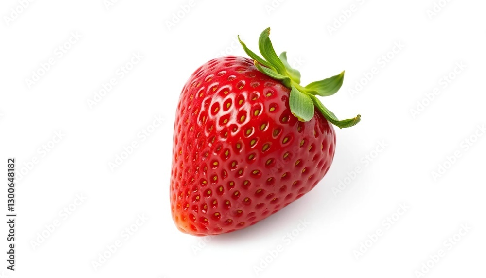 A single, ripe, red strawberry isolated on a pure white background, detail, food photography A single, ripe, red strawberry isolated on a pure white background, detail, food photography