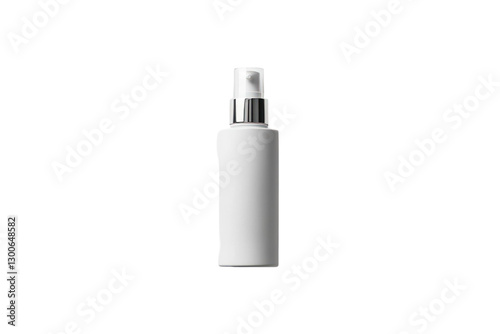 Isolated white cosmetic spray bottle on transparent background with silver metallic details