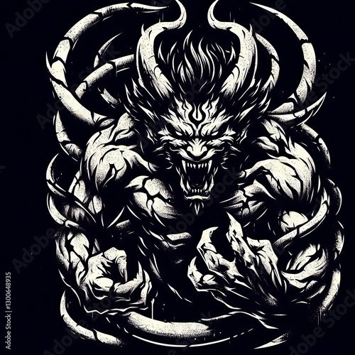 Wallpaper Mural Demon lord monochrome artwork, fierce stance with jagged horns and intense stare Torontodigital.ca