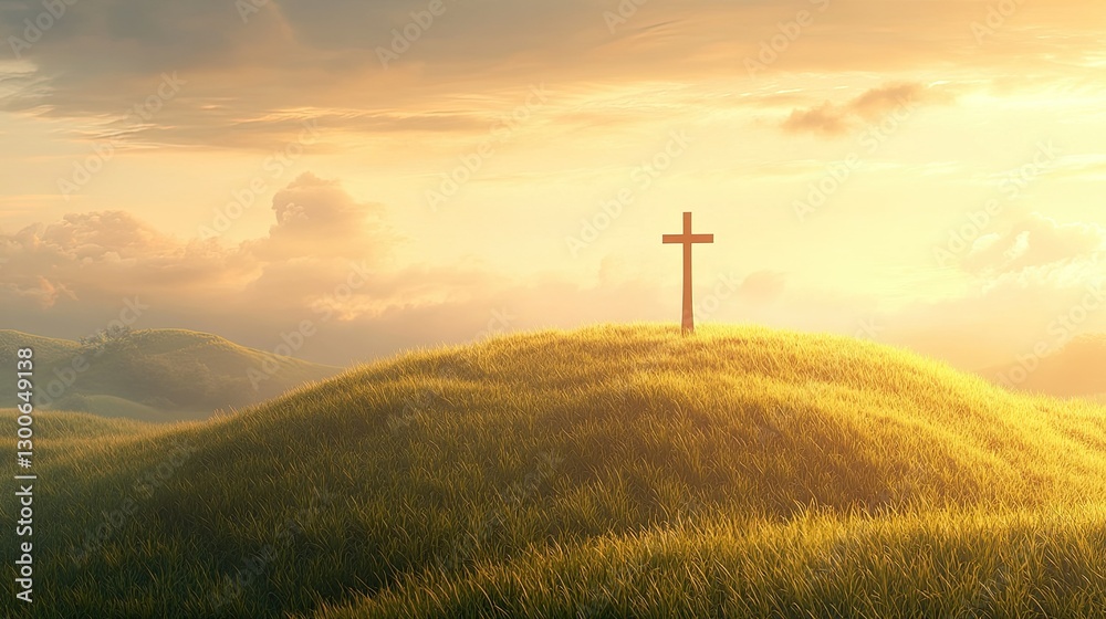 Obraz premium A solitary cross stands tall on a gentle grassy hill, bathed in radiant golden light at sunrise, evoking a serene and tranquil atmosphere.