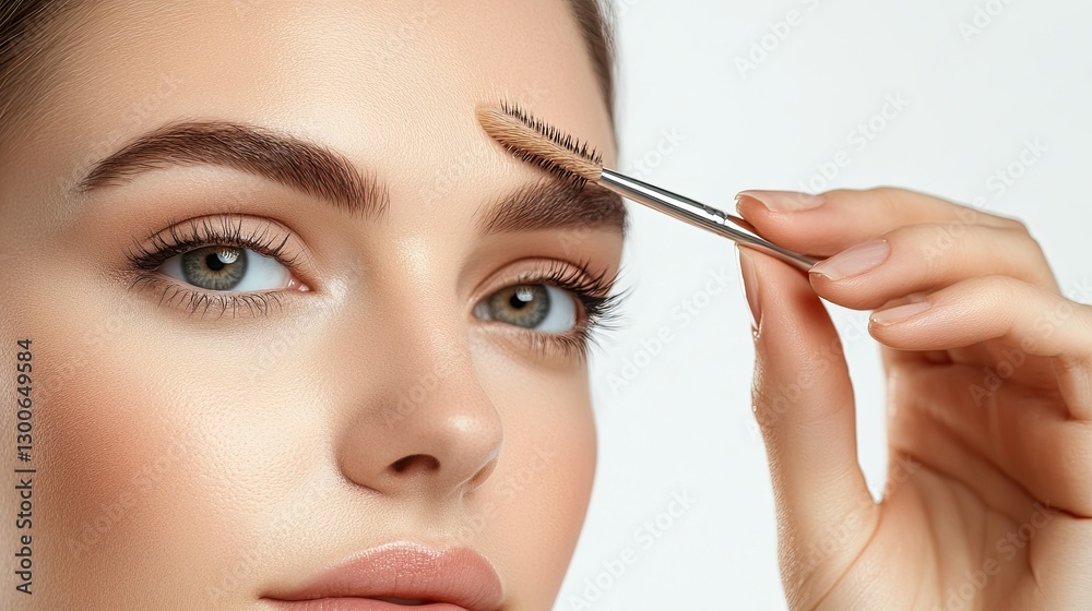 Woman brushing her eyebrows with spoolie, highlighting personal grooming and natural beauty care against white studio background. Concept of beauty, fashion, appearance, self care. Woman brushing her eyebrows with spoolie, highlighting personal grooming and natural beauty care against white studio background. Concept of beauty, fashion, appearance, self care.
