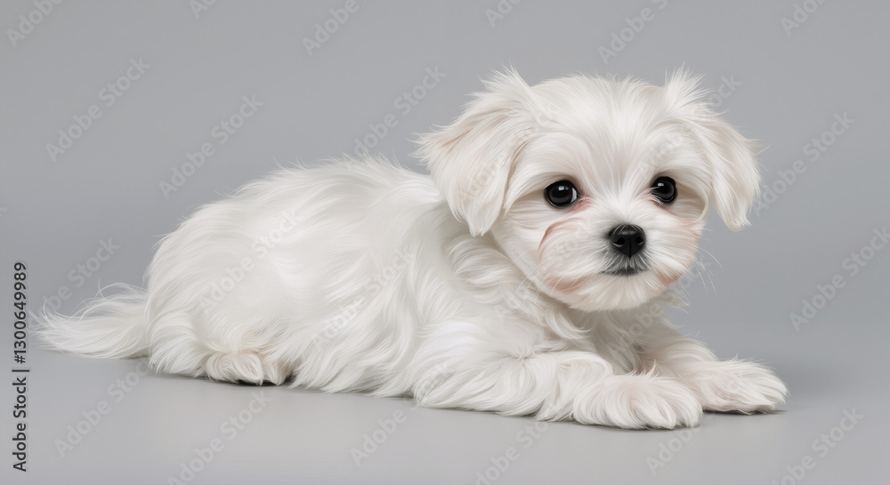 Maltese Puppy, with a Playful Mood, Lying Down, Against a Gray Background, with copy space Maltese Puppy, with a Playful Mood, Lying Down, Against a Gray Background, with copy space