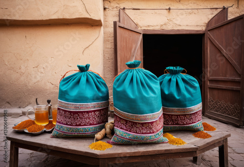 A spice market in Iran is filled with handmade bags of saffron tea photo