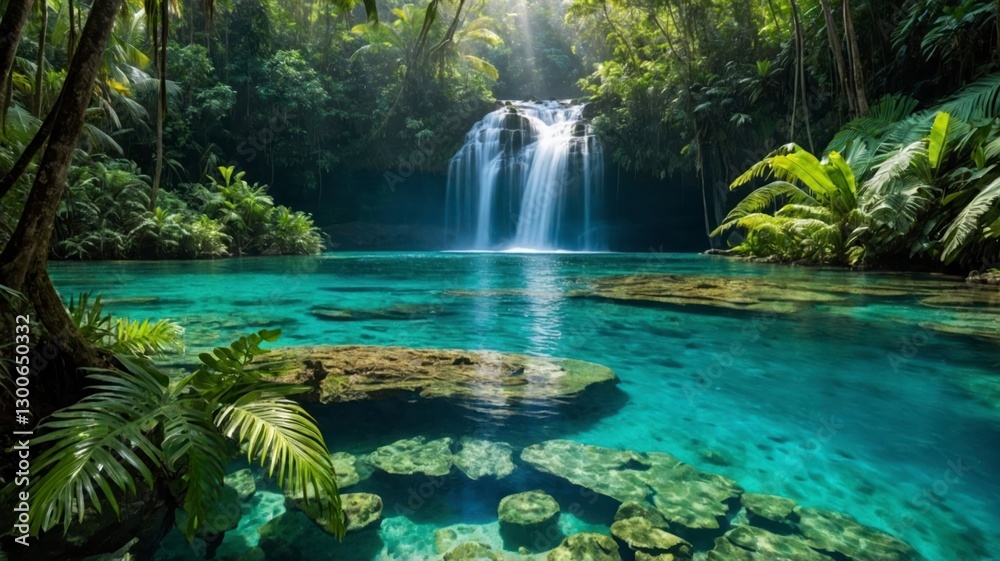 Fototapeta premium Serene Waterfall in Lush Tropical Paradise