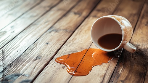 Cup with spilled drink on wooden floor