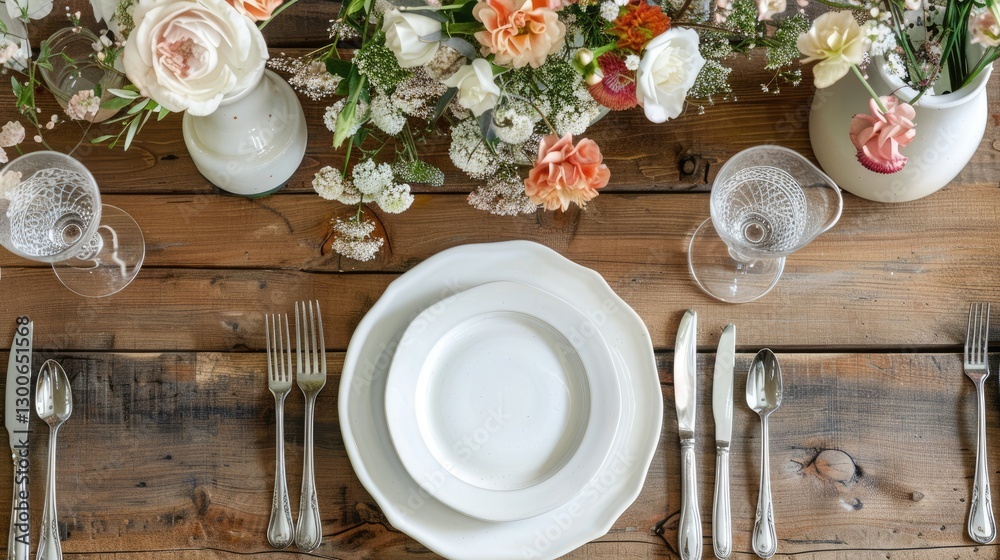 Elegant dining table set with white plates, silver cutlery, and floral arrangements in a rustic wooden setting