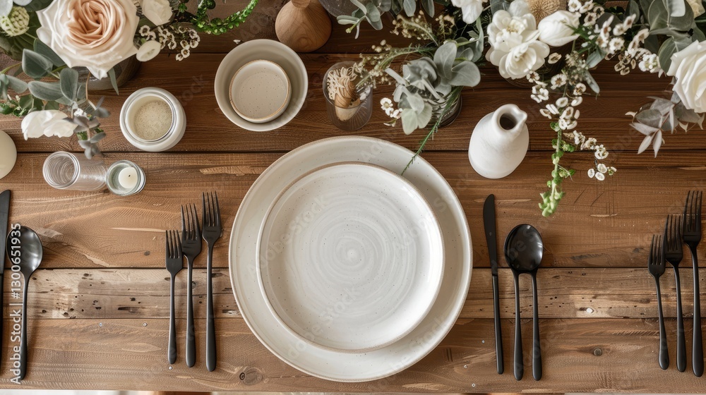 Elegant dining table setting with floral arrangements and minimalist dishware, perfect for gatherings and special occasions