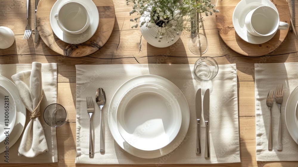Elegant dining table setting with white plates, cutlery, and floral centerpiece, showcasing a serene, natural ambiance