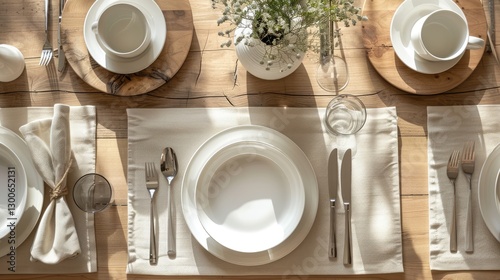 Obraz na płótnie Elegant dining table setting with white plates, cutlery, and floral centerpiece, showcasing a serene, natural ambiance w salonie