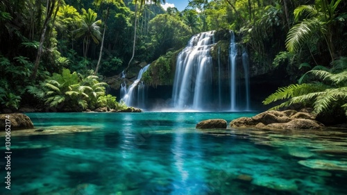 Serene Waterfall in Lush Tropical Paradise